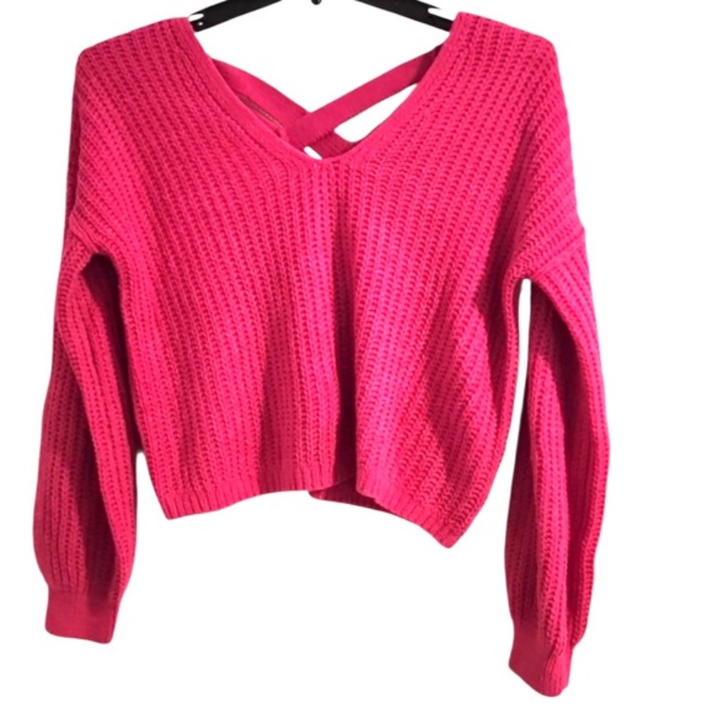 Pink Republic XL pink V-neck crisscross cable knit cropped Sweater long sleeve